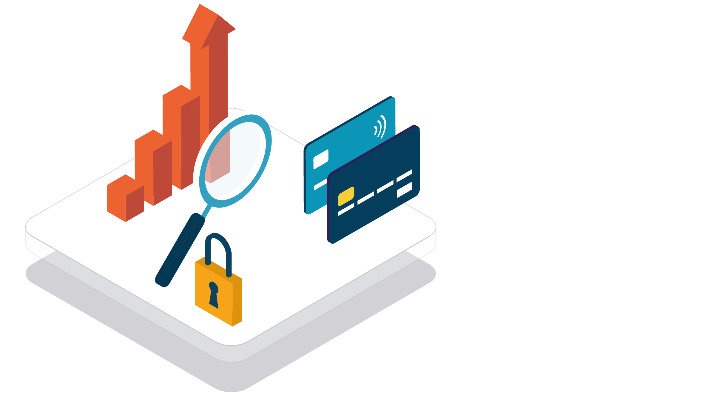 illustration showing upward-trending graph with magnifying glass over it, padlock, two credit cards